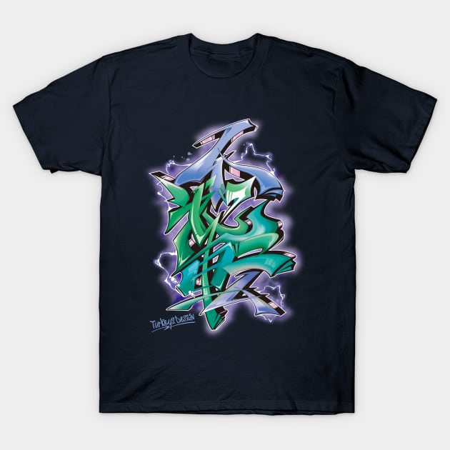 Japanese KANJI Graffiti Futaiten (BlueGreen) T-Shirt by TurkeysDesign